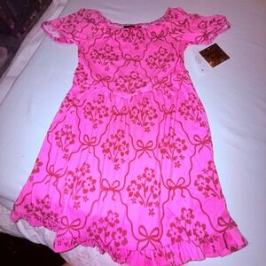 Planet Gold V Waist Dress Kids 6/6X Pink New Floral Bow Ribbed Puff Sleeve
